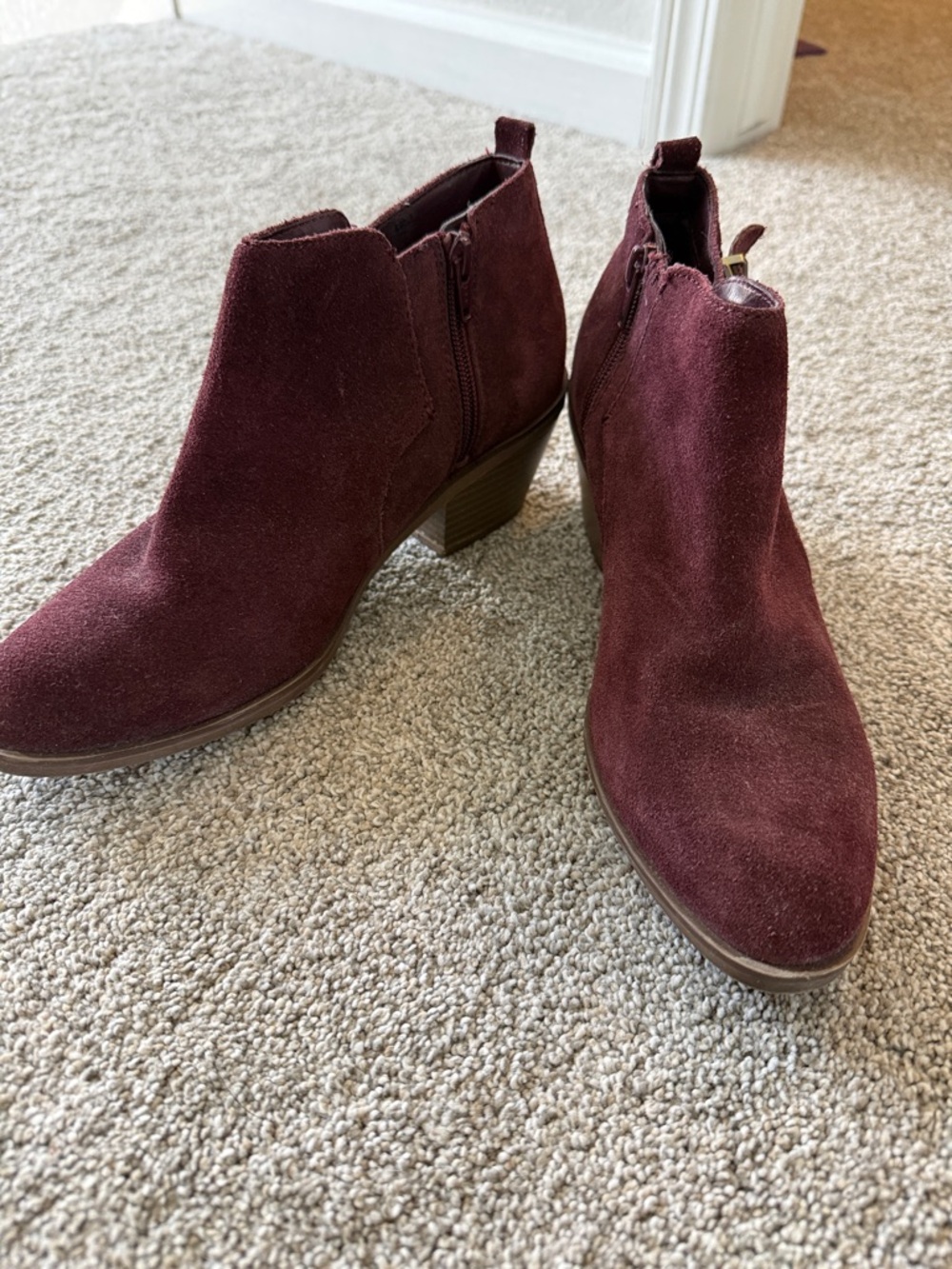 Sonoma Burgundy Suede Ankle Booties with Stacked Heel, incredibly comfortable